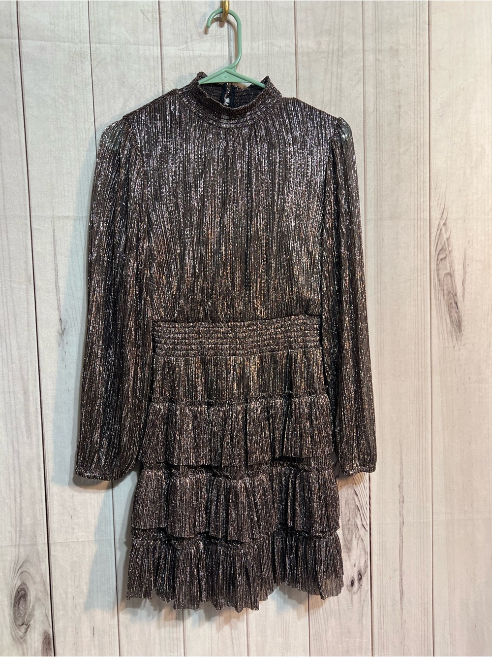 CeCe Metallic Black High-Neck Long-Sleeve Tiered Ruffle Dress Size Small